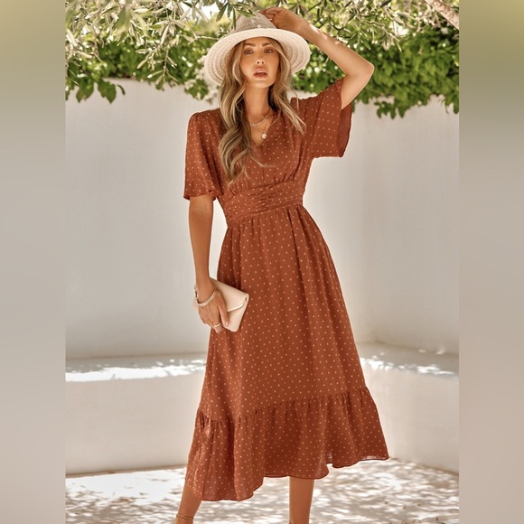Swiss Dot V-Neck Ruffle Hem Dress - Picture 1 of 15